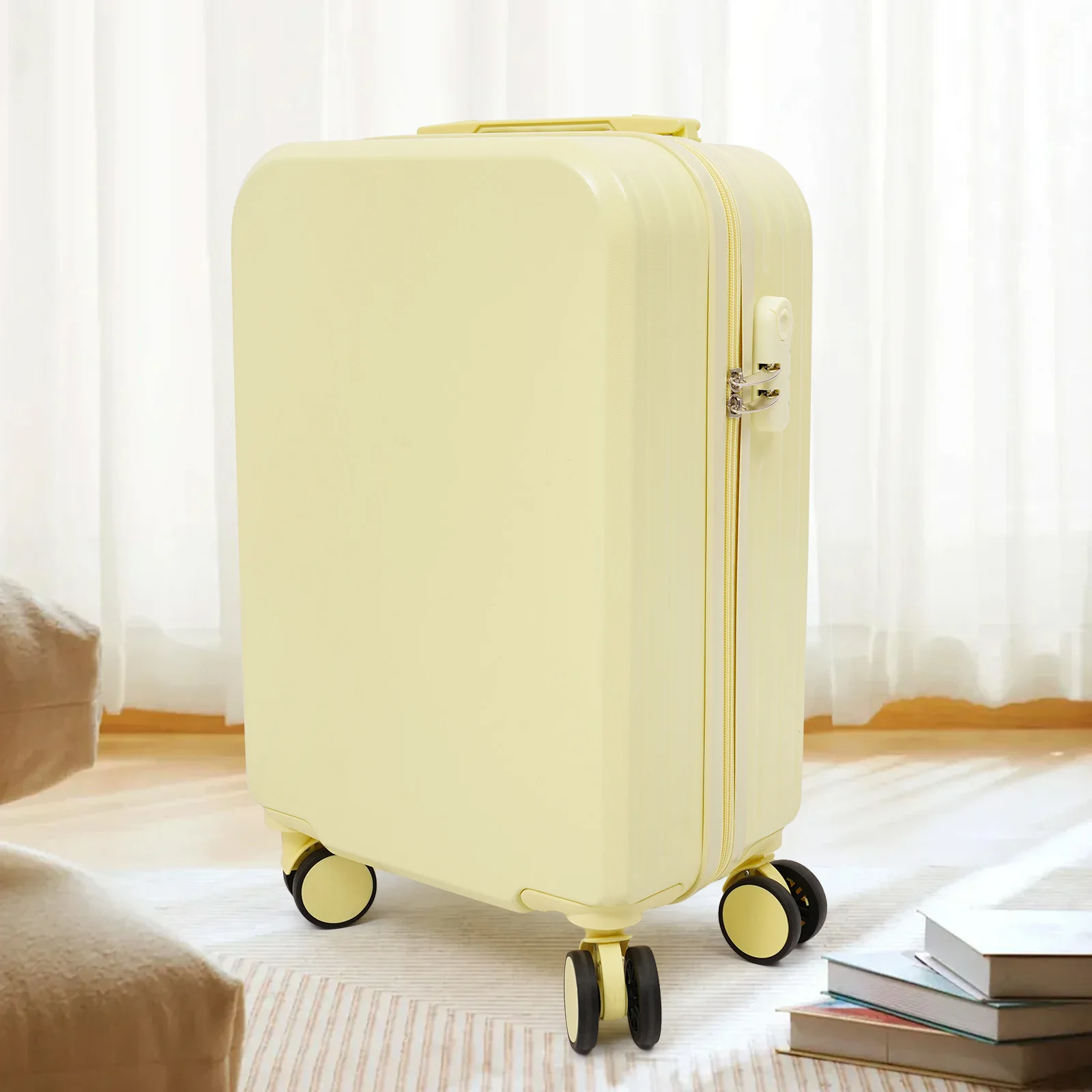 Maleta de cabina de 20 pulgadas, color amarillo claro, portátil, con ruedas, equipada con práctico portavasos, mango telescópico ajustable de varios niveles, maleta de viaje ligera para avión, vacaciones cortas, viajes de negocios