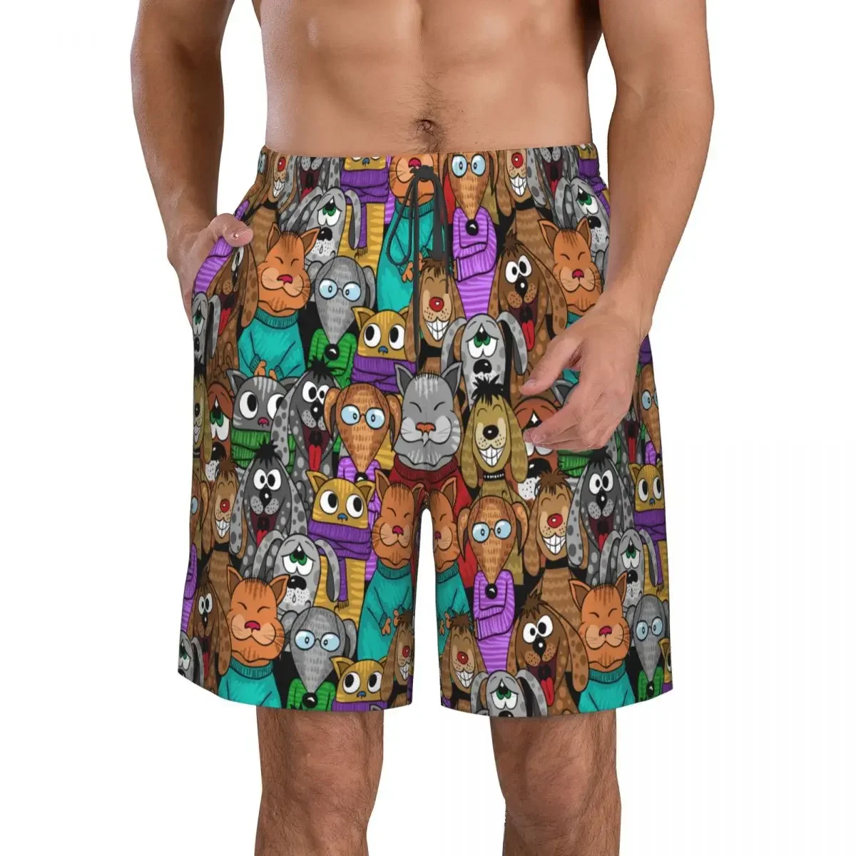 Men Beach Short Quick-drying Swimming Trunk Comic Cartoon Cats And Dogs Swimwear Swimsuit Bathing Shorts