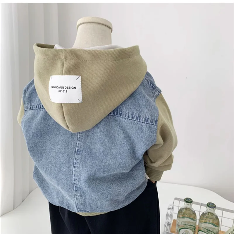 Boys Jeans Jackets Spring Girls Fashion Hooded Coats Autumn Children Clothes Kids Casual Zipper Colorblocking Outerwear 1-10Y