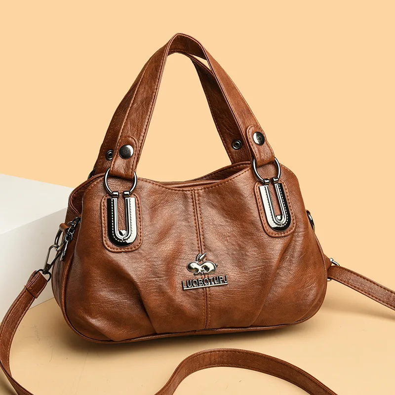 

New Fashionable Soft Leather Women's Shoulder Crossbody Bag Large Capacity Middle Aged Mom Handbag