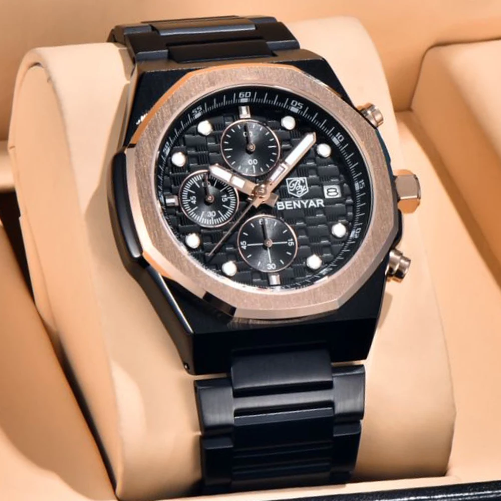 

BENYAR 40 мм многофункциональные сложные роскошные мужские кварцевые часы водостойкий мужской хронограф из нержавеющей стали в подарок с коробкой BY-5216