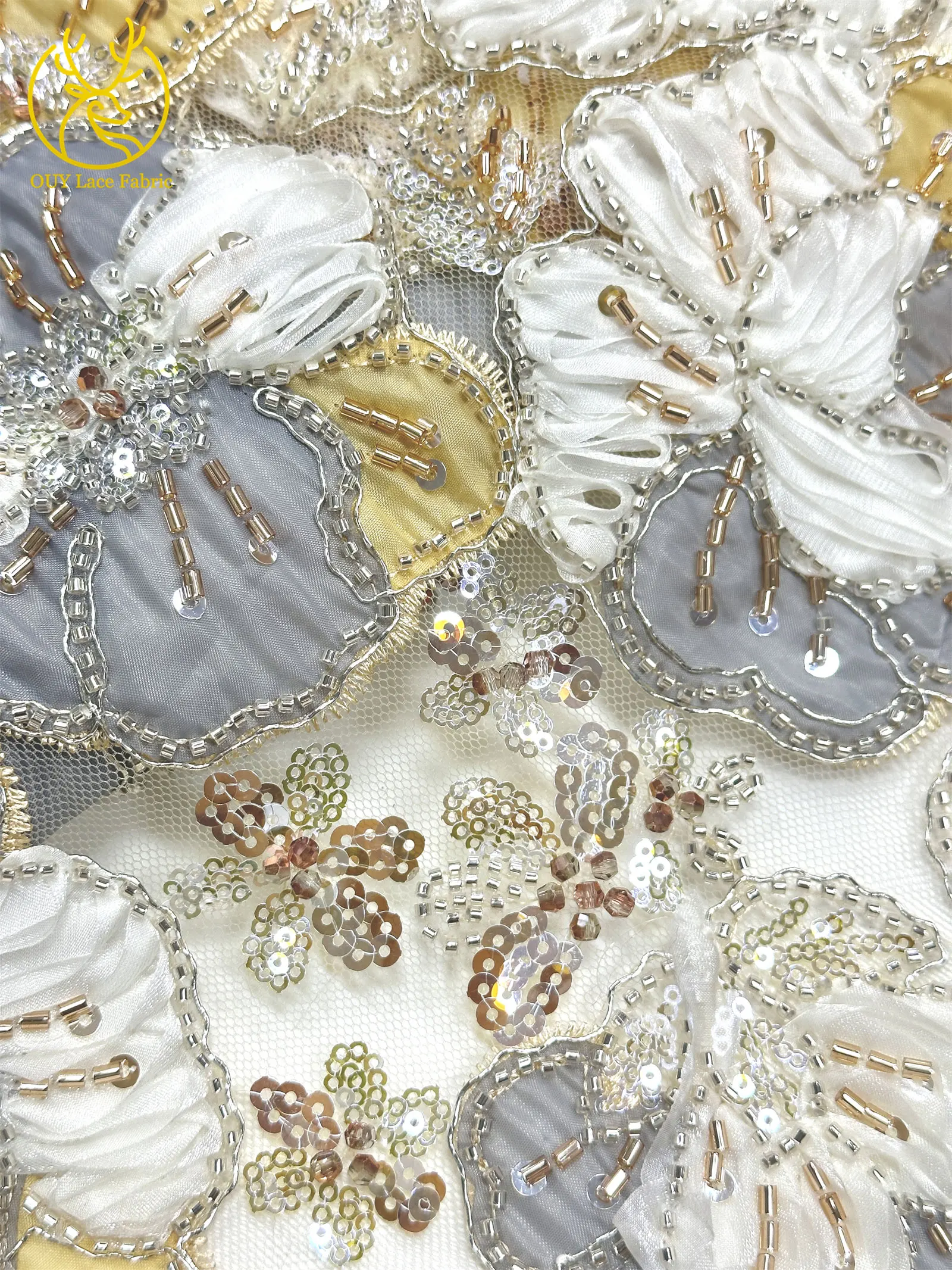 Afrikanischer Spitzenstoff, hochwertige französische Blumenstickerei, Perlen, Pailletten, Tüll, Netzspitze für Frauen, Hochzeitskleid, Nähen, 5 Yards – Detail 11