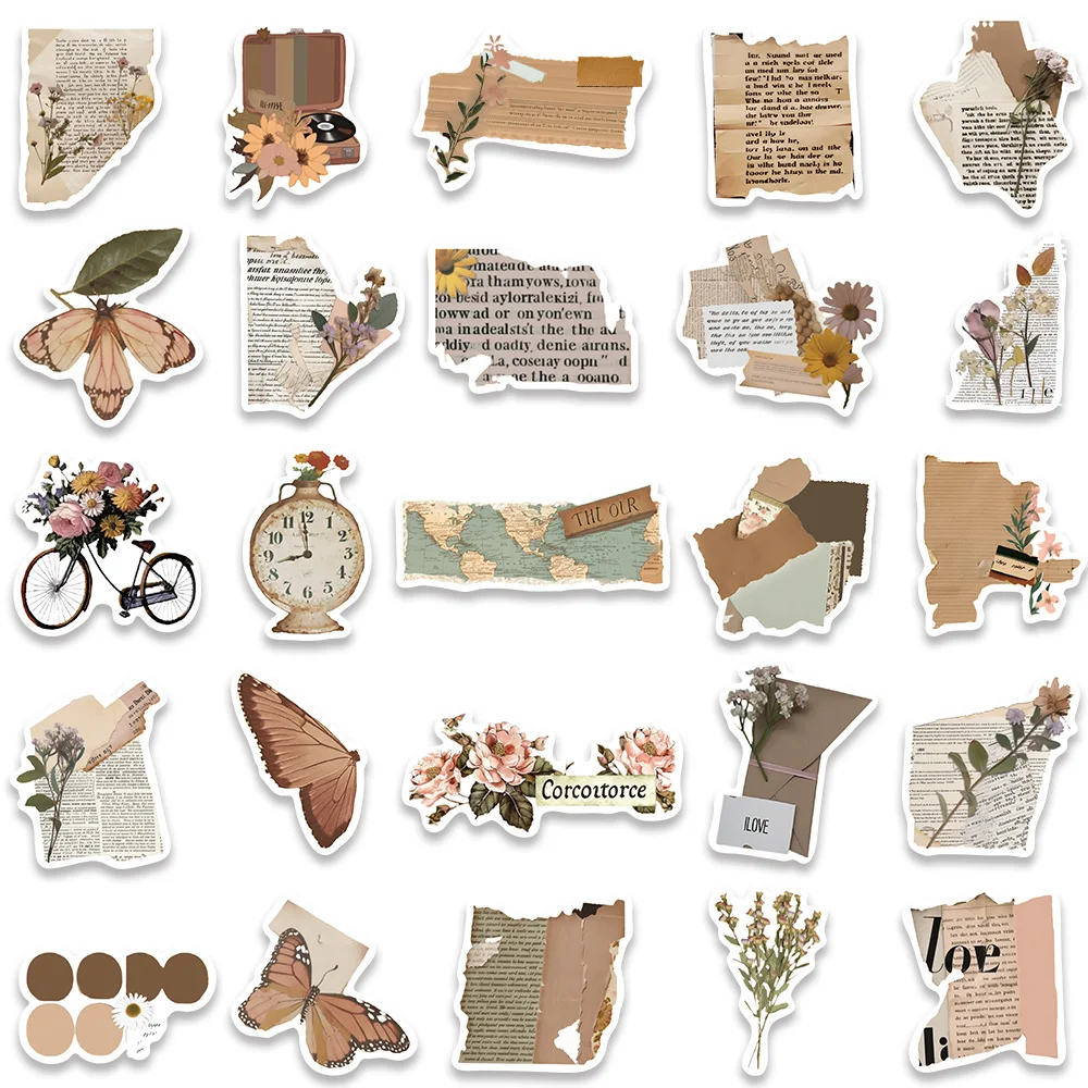 50pcs Vintage Book Flower Envelope Stickers Aesthetic Graffiti Decals For Laptop Bike Scrapbooking Stationery Cars Stickers