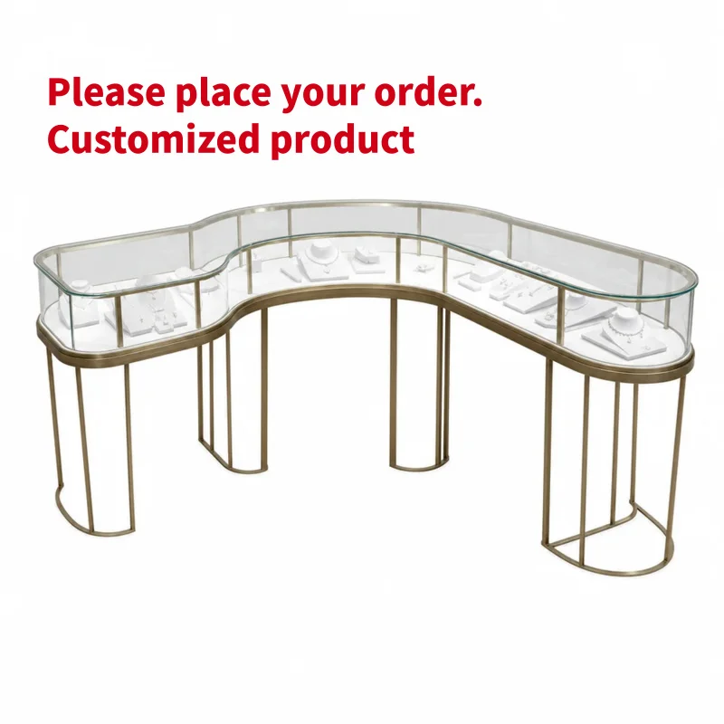 custom.Custom Glass Jewelry Display Table LED Lighting Gold Frame Jewelry Store Fixture Octagonal Showcase Boutique Mall Sho