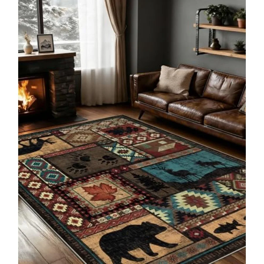

Rustic Cabin Area Rug 5x7 for Living Room Bedroom, Cotton Blend, Brown Beige, Machine Washable Non-Slip Low Pile Southwestern B