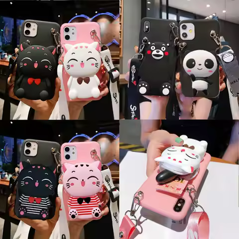 Cartoon 3D Cat Wallet Cover For Samsung Galaxy S23 S24 S25 Ultra S22 S21 S20 FE S10 5G S9 Plus Cute Panda Animals Soft Case