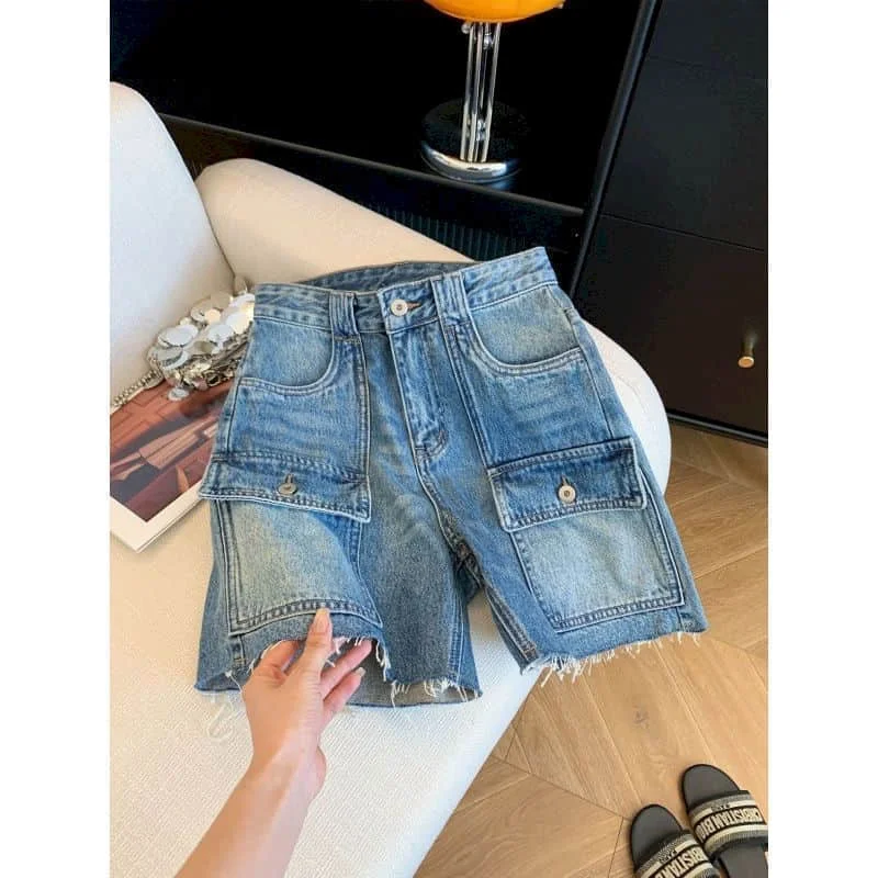 Denim Straight Pants Loose 2026 Summer Workwear Five-point Pants American Style Fringed Jeans Vintage Women Baggy Y2k Clothes