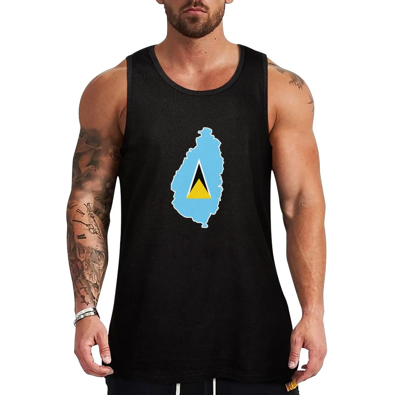 

St Lucia National Flag Clipped into Map of St Lucia Tank Top fitness clothing for men Men's summer t-shirt
