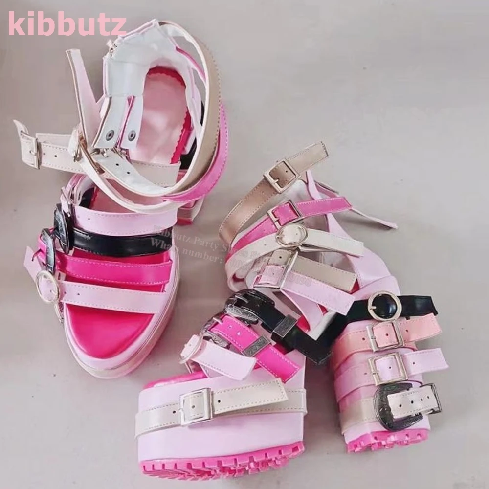 Belt Buckles Platform Sandals Ankle Strap Round Toe Chunky Heel Mixed Toe Genuine Leather Novelty Fashion Sexy Runway Show Shoes