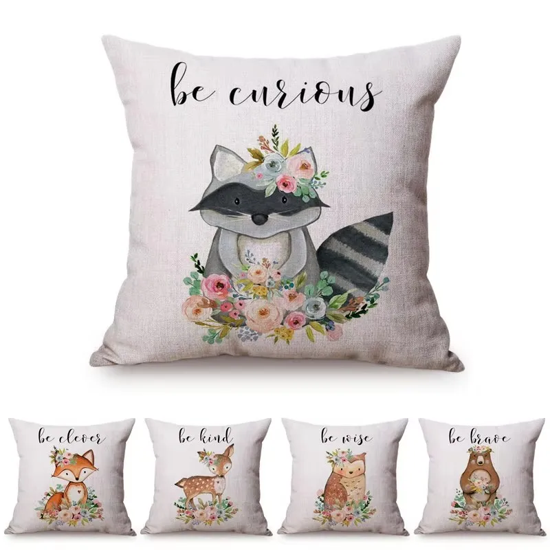 Nordic Water Color Art Cute Animal Pattern Sofa Decoration Throw Pillow Case Fox Owl Sika Deer Letter Cotton Linen Cushion Cover