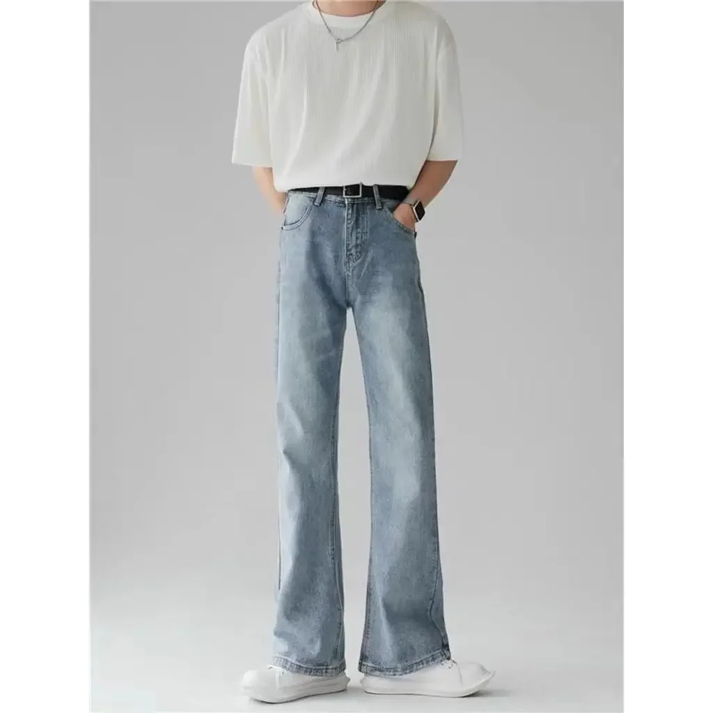 Spring New Streetwear Baggy Flare Jeans Men Korean Fashion Chic Loose Straight Wide Leg Pants Male Denim Trousers Clothing F21
