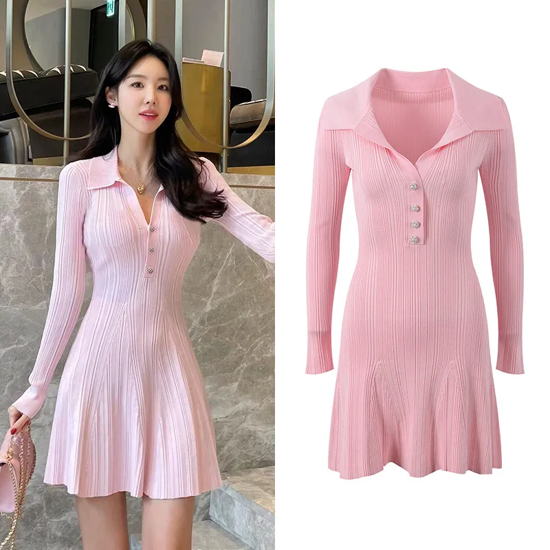 

Ele Розовая трикотажная облегающая длинная юбка-трапеция с воротником-свеком, осенняя юбка трапециевидной формы с высокой талией, женская мода Dr