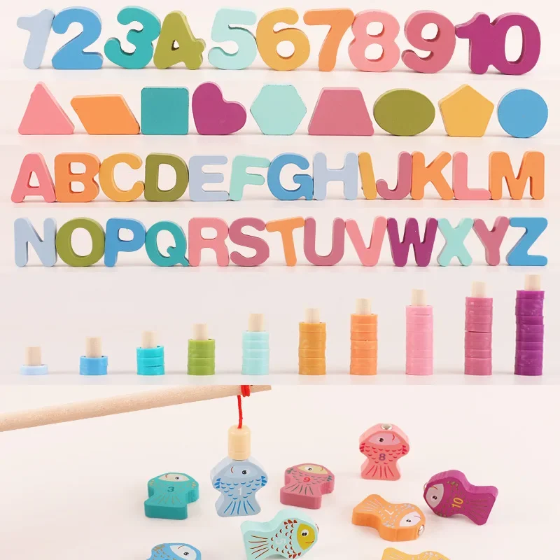 Juguetes educativos de matemáticas de madera Montessori para niños, tablero ocupado, contar formas, colores, rompecabezas de pesca, juguetes de aprendizaje, regalos