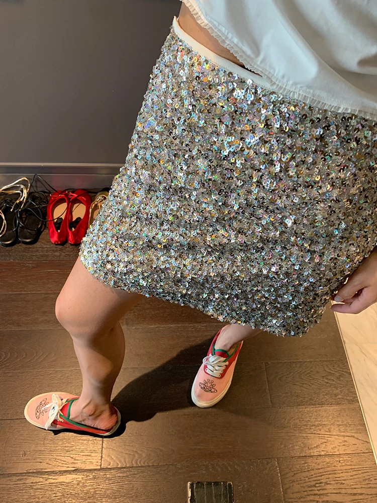 

Spring Summer Sequin A-Line Skirt Women's Design Sensation Small Cro High Waist Korean Sle Pure Color Commute ort ...