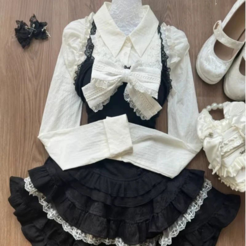 Y2k Aesthetic Lolita Style 3 Piece Set Women Kawaii White Shirt Bow Lace Vest Ruffle Mini Skirts Japan Fashion Gothic Skirt Suit