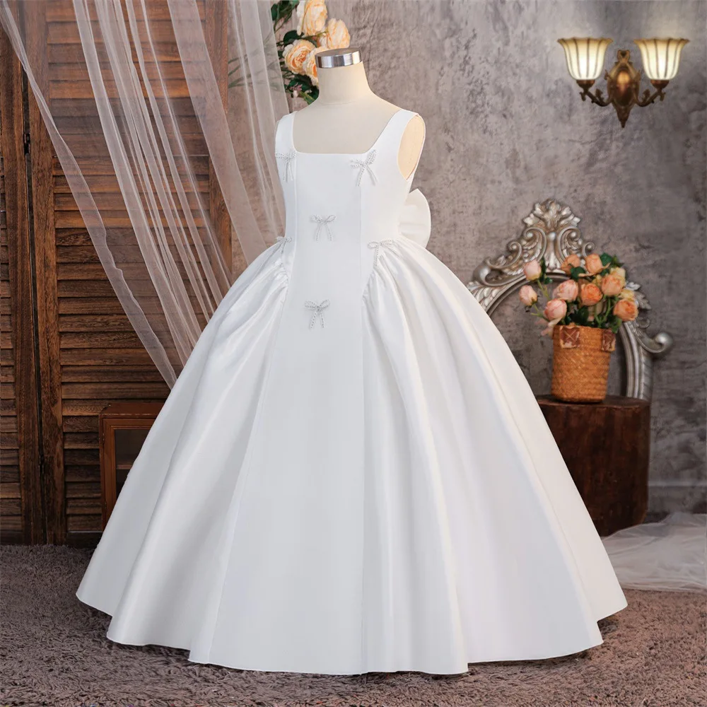 Girls White Satin Sleeveless Flower Girl Dress Square Neck Bow Beaded Long Ball Gown Kids Wedding First Communion Dress ASQ03