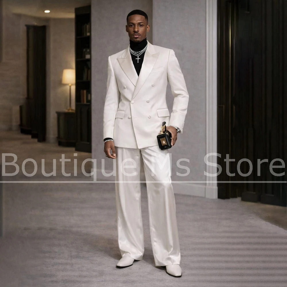 

Men's White Satin Suit 2 Piece Double Breasted Peak Lapel Wear Modern Slim Groom Wedding Prom Formal Evening Party Tuxedo