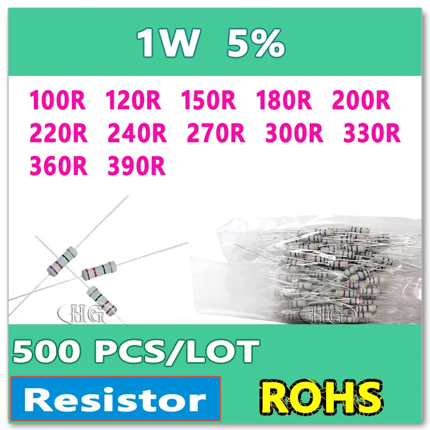 JASNPROSMA 500 шт./лот 5% 1 Вт 100R 120R 150R 180R 200R 220R 240R 270R 300R 330R 360R 390R резистор из углеродной пленки DIP OHM