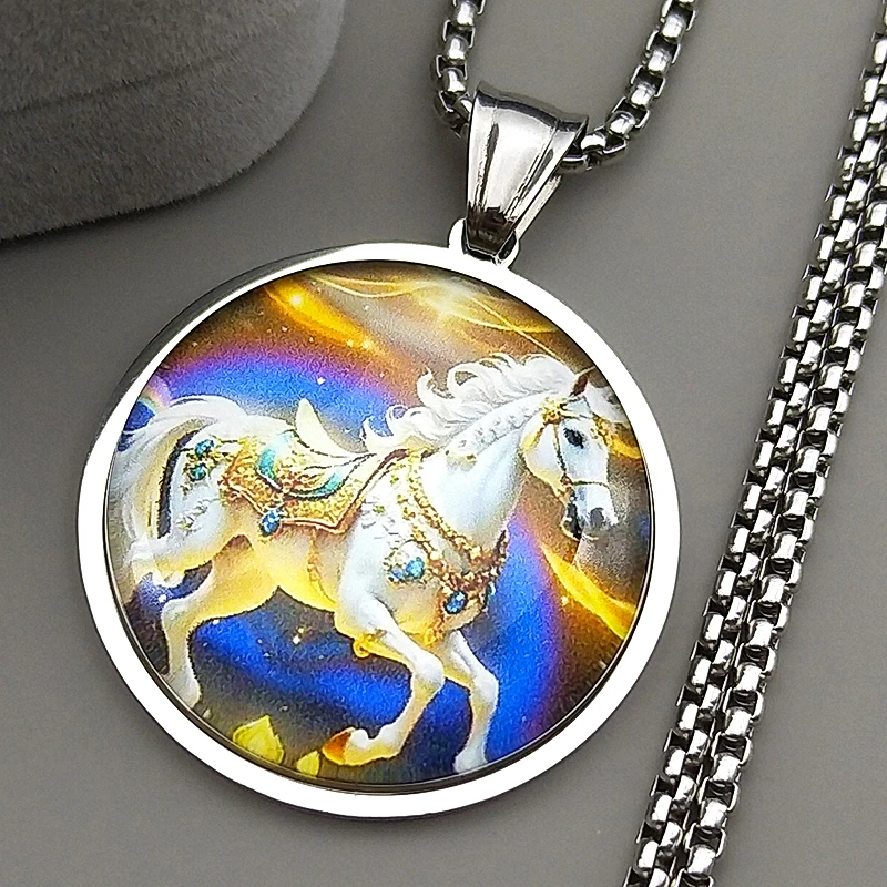 موضة الأبيض الحصان قلادة قلادة للنساء الرجال الفولاذ المقاوم للصدأ الزجاج الذهب اللون الحيوان المهر الذكور سلسلة مجوهرات هدايا #4