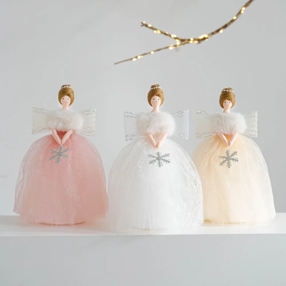 1pc Christmas Angel Tree Topper Lace Tulle Skirt Angel Doll with Snowflake Xmas Tree Top Ornament Home Christmas Party Decor
