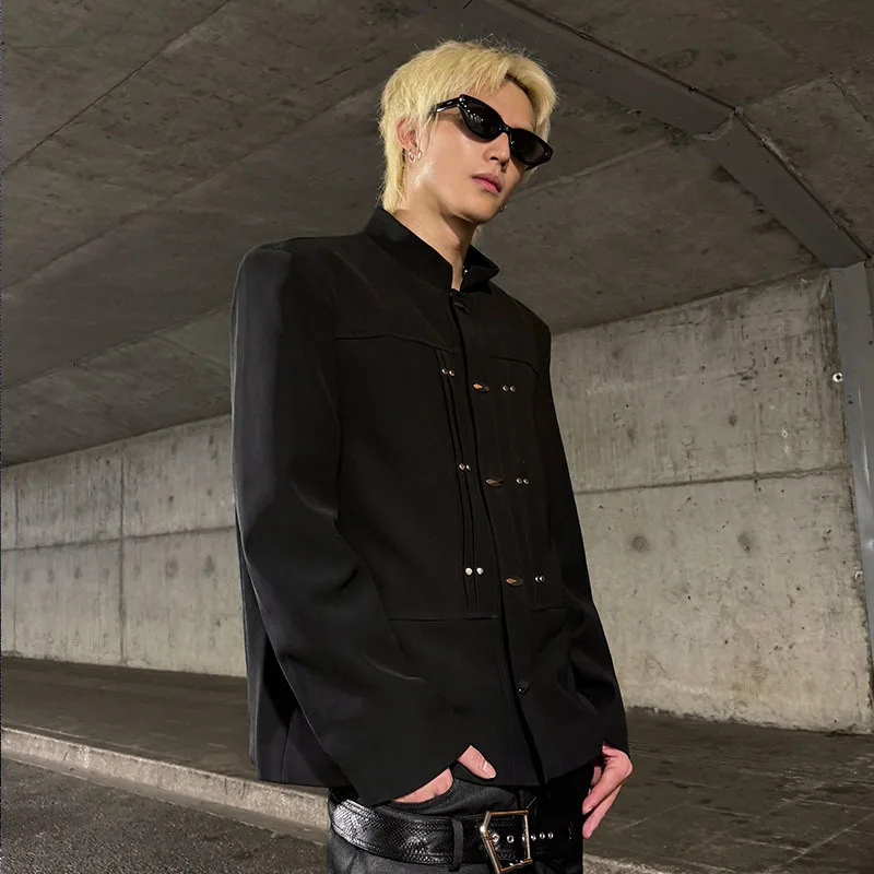 WTHT Fashion Men's Solid Color Metal Button Design Blazer Coats Trendy Chinese Style Stand Collar Jacket Male 2025 Autumn 2A2041