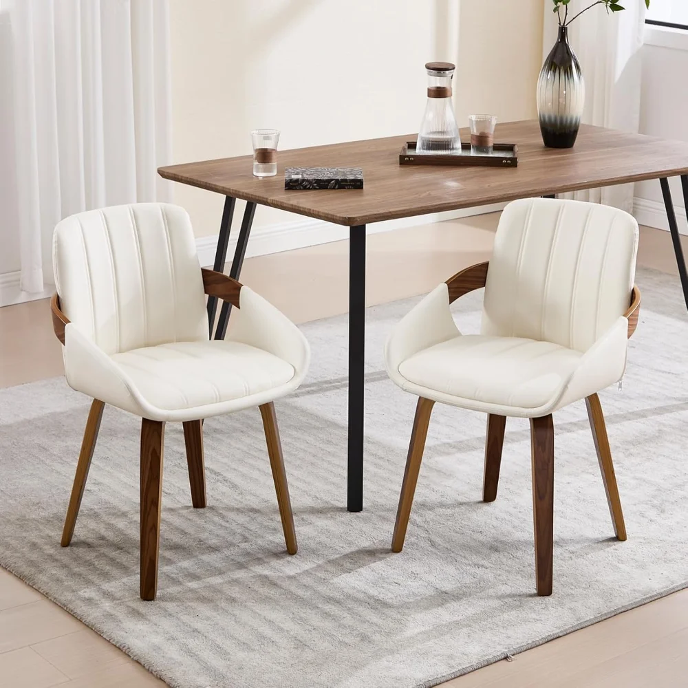 

Dining Chairs Set of 2, Mid Century Modern Dining Room Chairs with Arms and Mid Back PU Leather Upholstered Bentwood Kitchen Cha