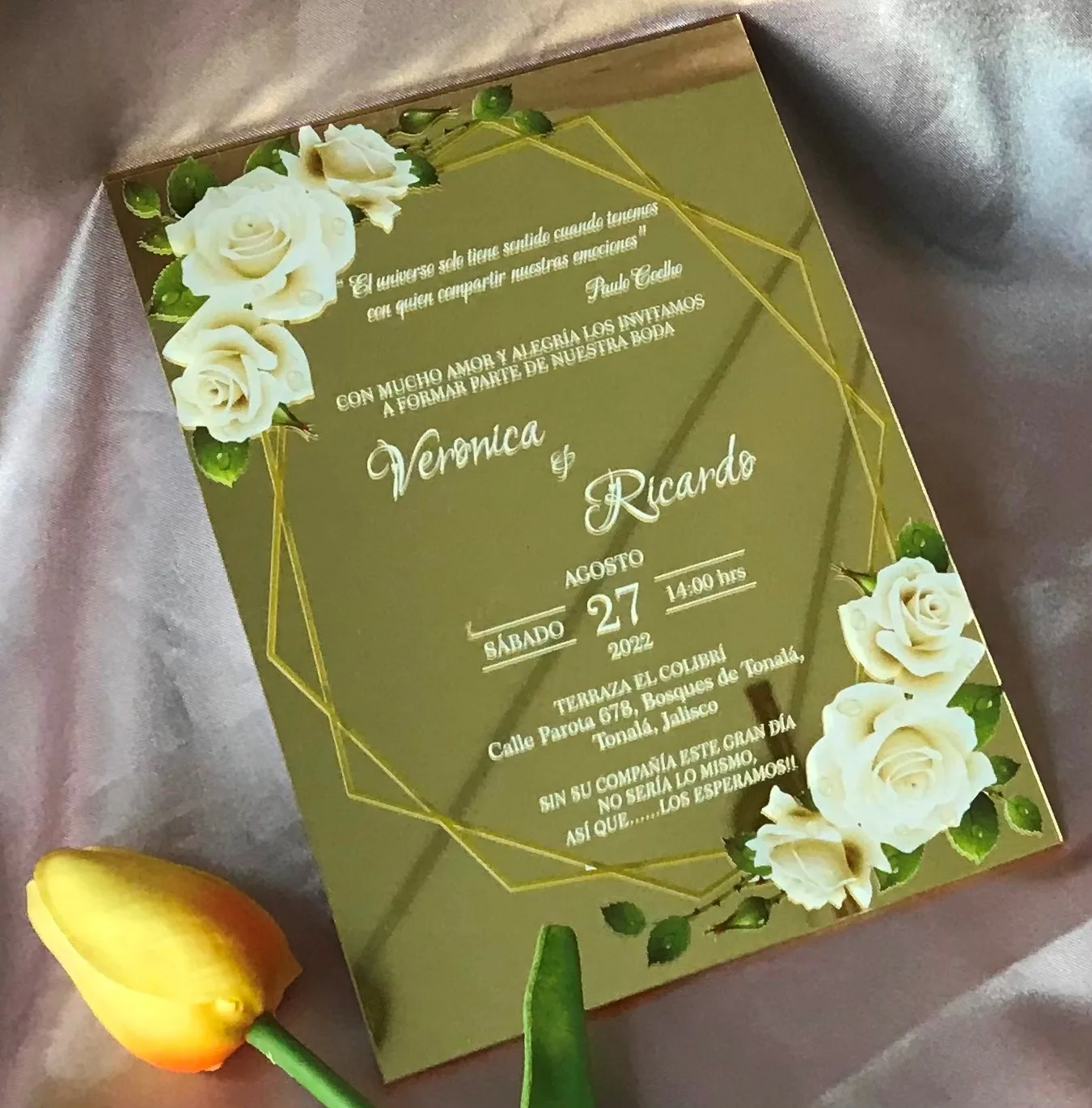 

10pcs Custom Acrylic Wedding Invite,Mirror Gold Invitations,Rose Peony Acrylic Christening Ceremony Invitation for Decoration