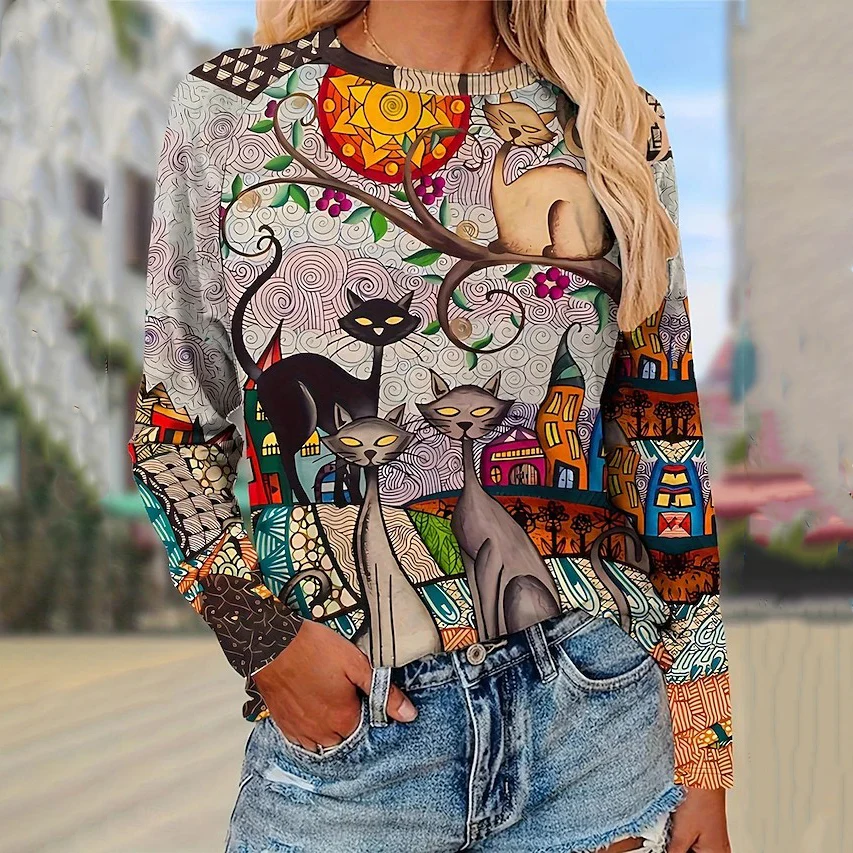 Cotton Women's T-Shirt Autumn Long Sleeve Cat Print Street Fashion O Neck Cartoon T-Shirt Female Oversized Clothing Casual Tops