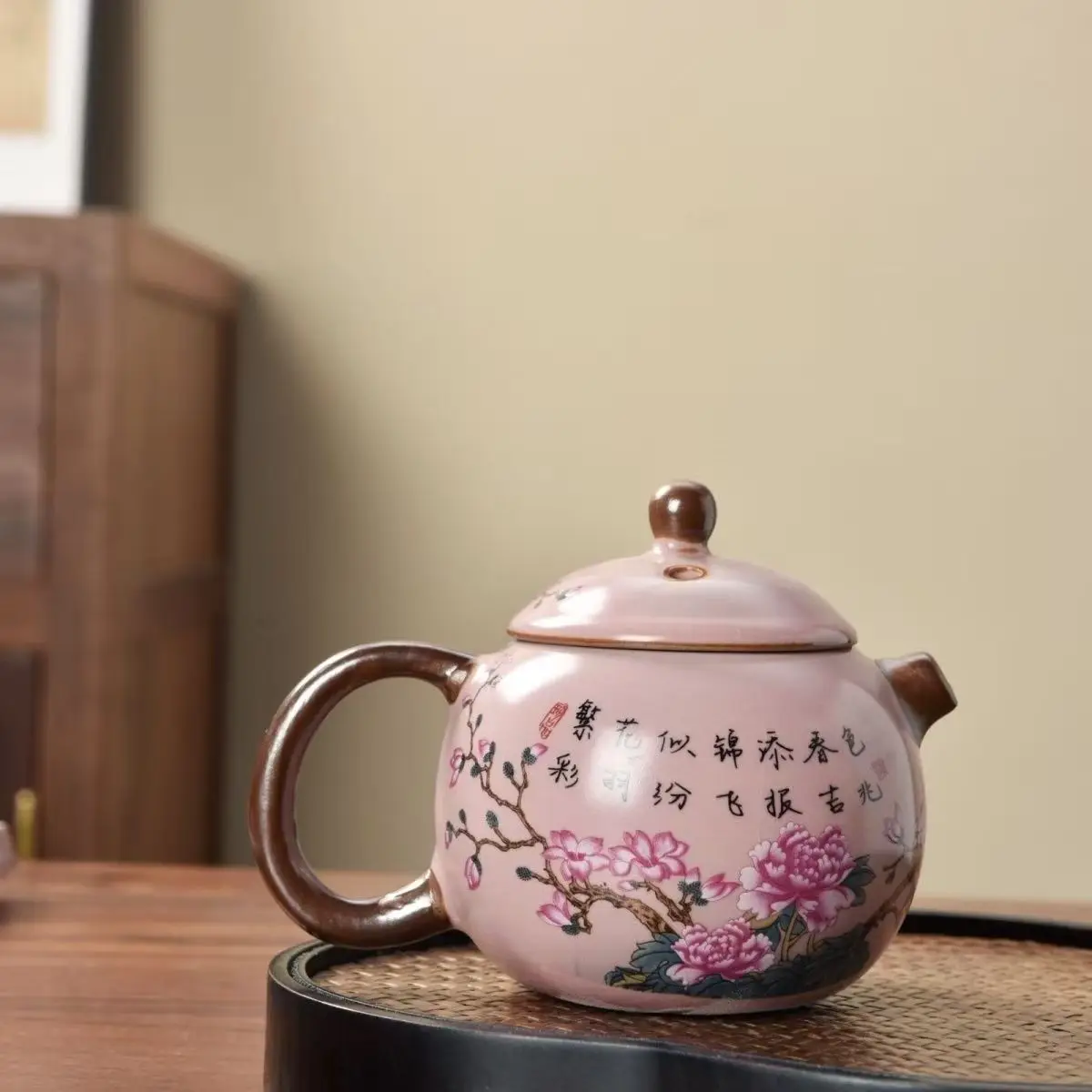 Pink Plum Blossom Peacock Xishi Pot 150ml Ru Kiln Ceramic Single Pot Chinese Style