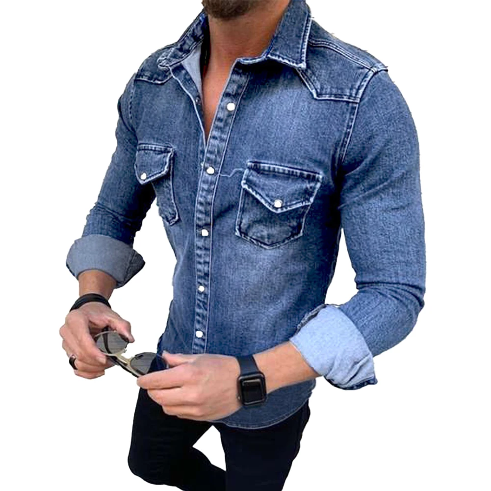 Mens Casual Slim Shirt Jeans Long Sleeve Tops Chest Pocket Snap Button Down Tops Fashion Denims Shirt Cotton Autumn