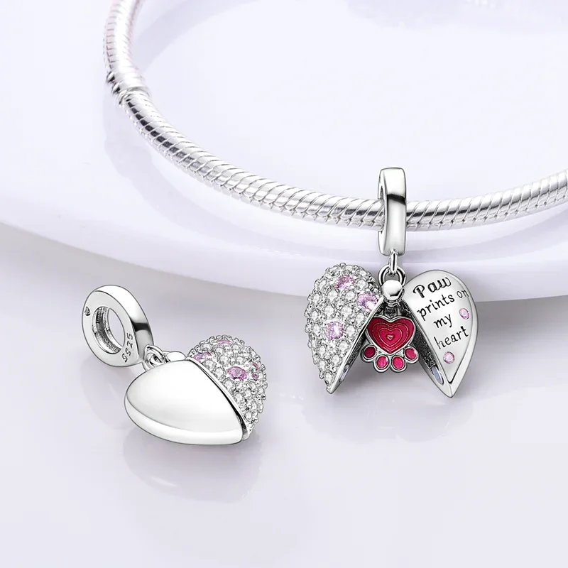 

Charms Silver 925 Cute Pink Dog-paw Heart-shaped Beads Fit Charms Plata 925 Original Bracelet Beads Women Jewellery Making
