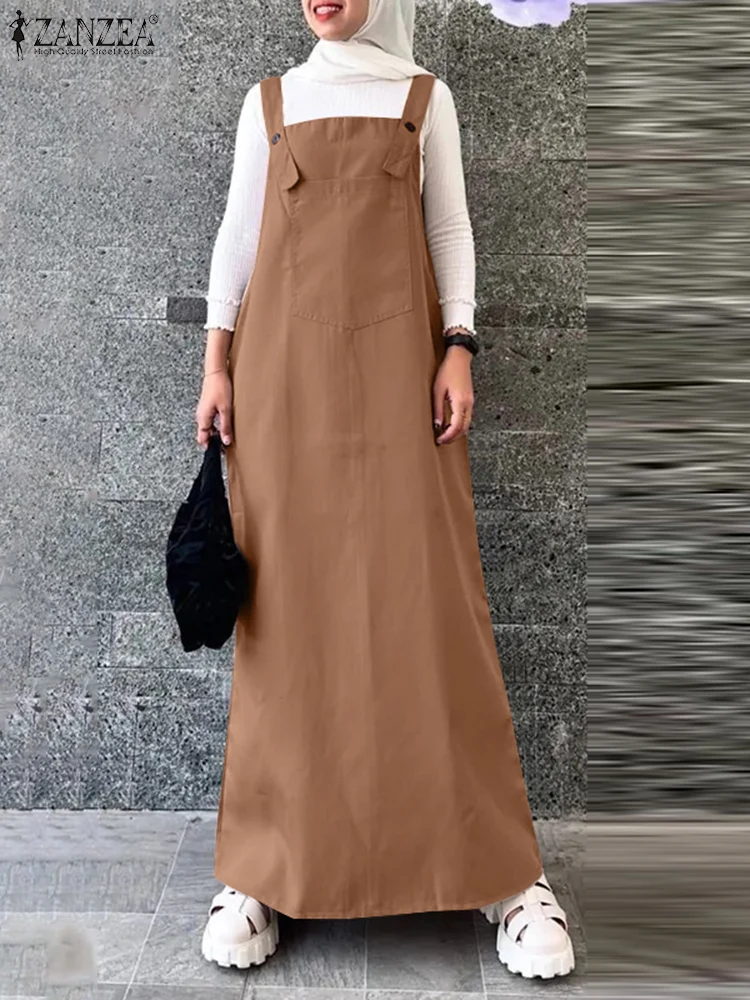 ZANZEA Casual Women Suspender Abaya Robes Turkey Solid Autumn 2024 Overalls Dress Muslim Fashion Islamic Hijab Maxi Dresses