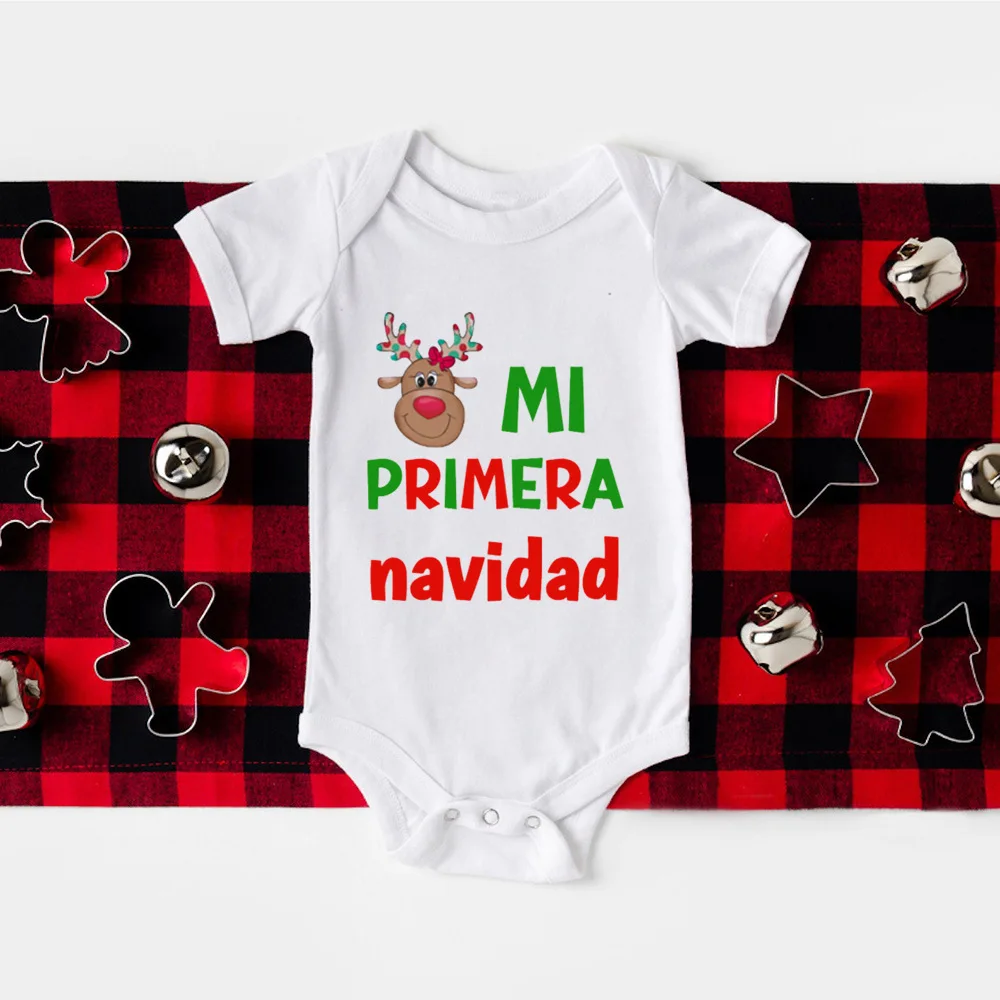 My First Christmas Newborn Bodysuit Baby Short Sleeve Romper Spanish Printed Infant Baptism Outfits Toddler Xmas Party Clothes