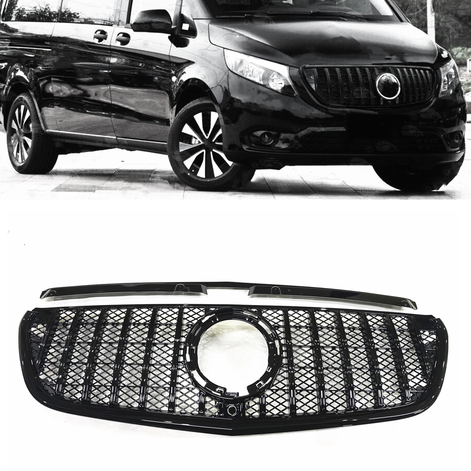 Front Grille Racing Grills For Mercedes Benz W447 Metris 2021-2023 GT Style Black/Silver Car Upper Bumper Hood Mesh Grid Kit