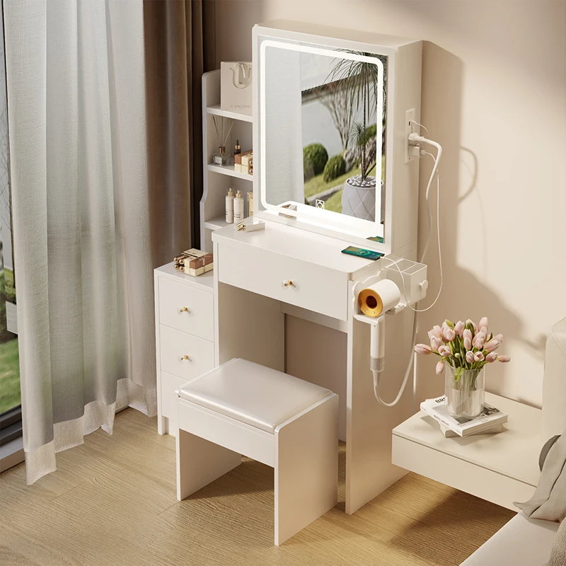 Small Space Left Bedside Cabinet Vanity Table + Cushioned Stool, 2 AC+2 USB Power Station, Hair dryer bracket, Extra Large Touch