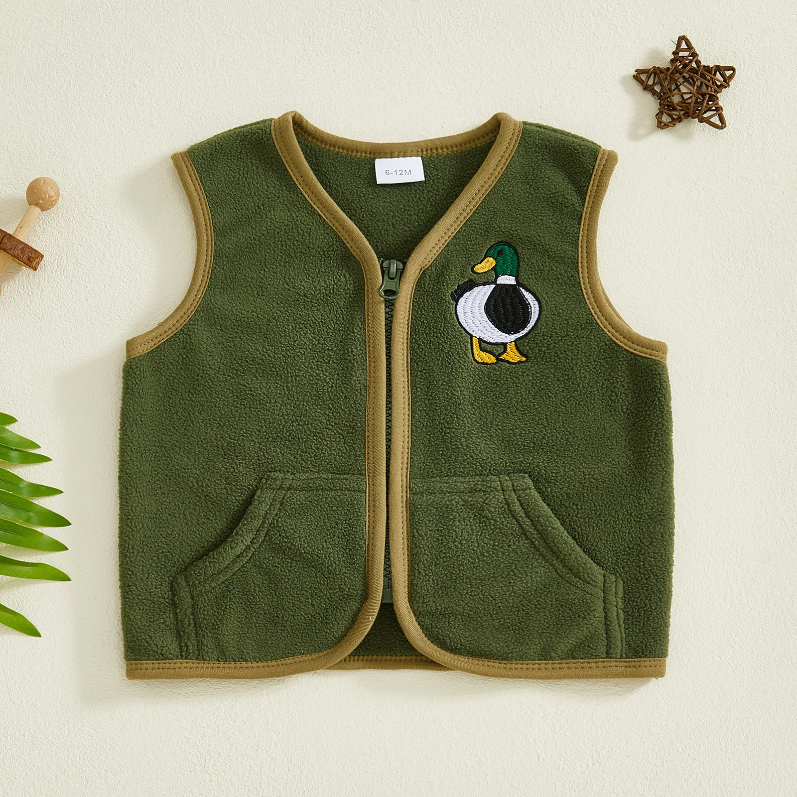 Toddler Boys Girls Fleece Vest Jacket Duck/Goose Embroidered V Neck Sleeveless Zip-up Spring Fall Coat with Pockets