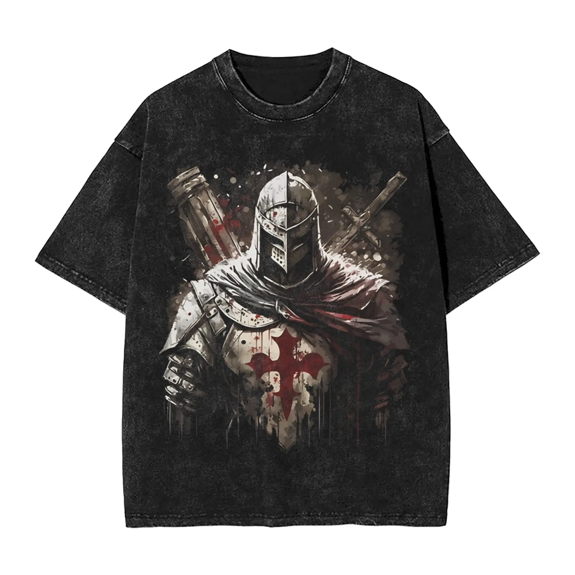 Graphic Printed Templar Cross Knights Washed Shirt Outfit Harajuku T-Shirts  Men Women Tee Shirt