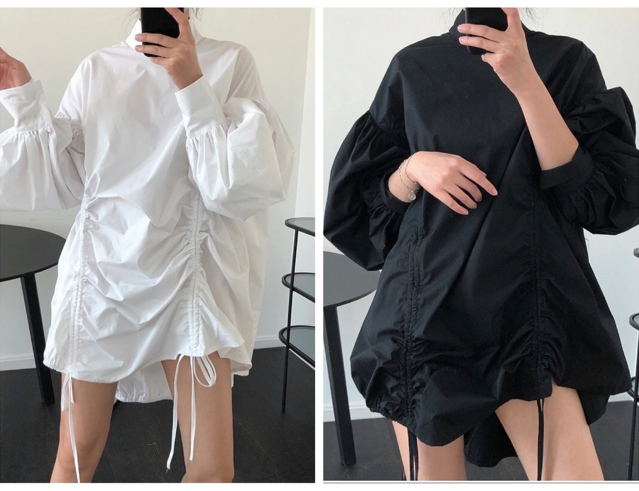 Moda irregular vestido feminino gola lanterna mangas cordão designer solto casual preto branco curto camisa vestidos