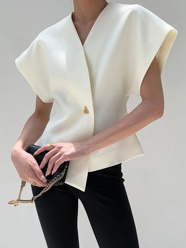 

Elegant French Style Asymmetric Suit for Women Short Sleeve Vest One Button Waist Slim Fashion Sleeveless Top Autumn Black White