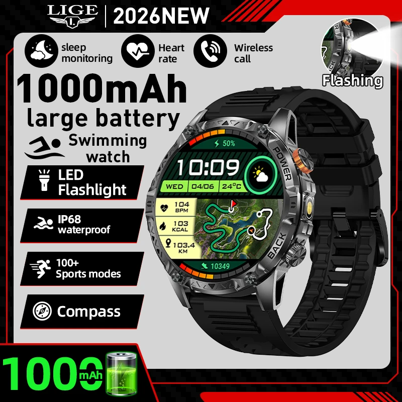 

Outdoor Smart Watch Men 1000mah Battery Sport 2026Military Grade Waterproof Flashlight Fitness Tracker Bluetooth Call Smartwatch