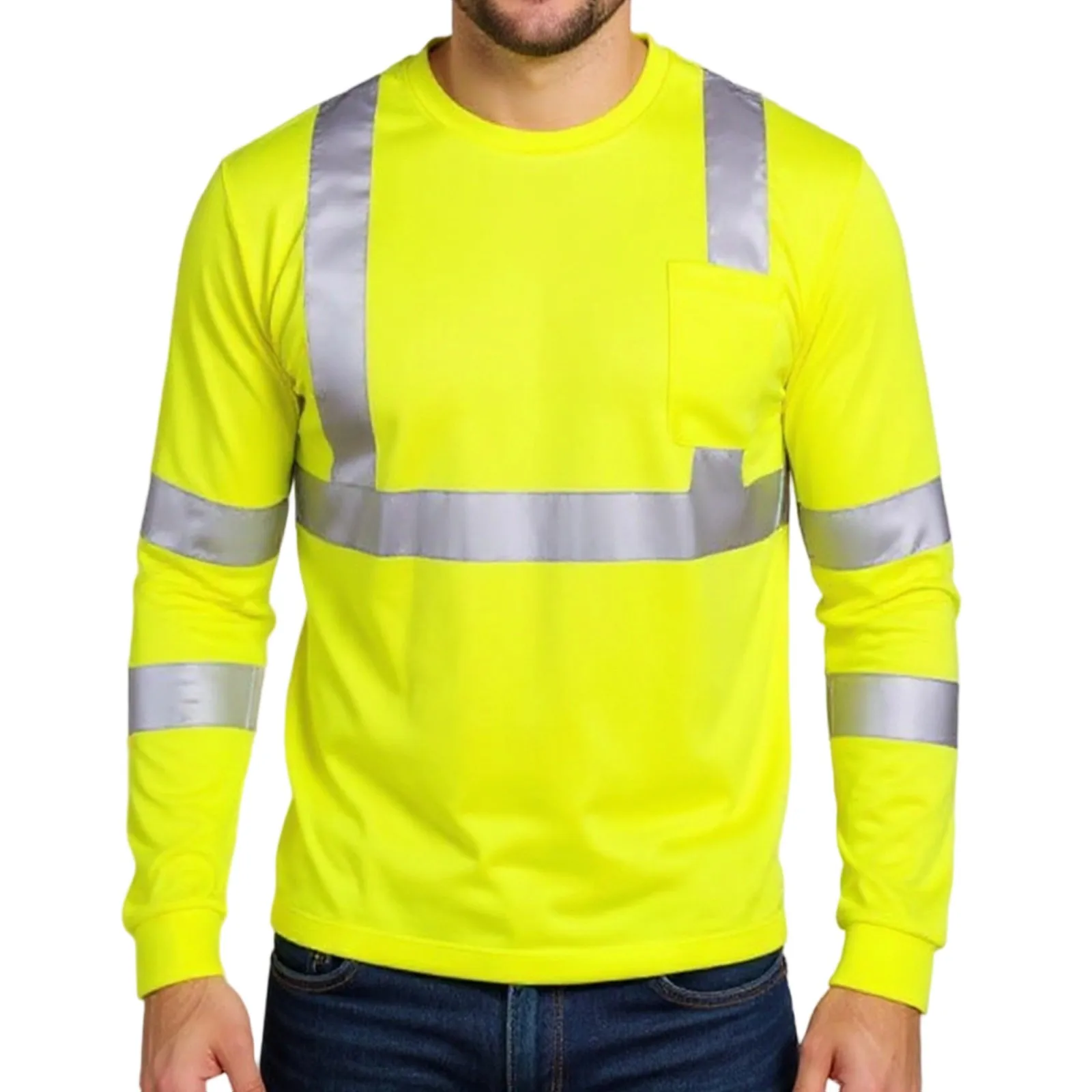تي شيرت عالي الوضوح بأكمام طويلة ورقبة مستديرة ملابس عمال عاكسة للهندسة رصيف فتل الرطوبة قميص رجالي غير رسمي #3