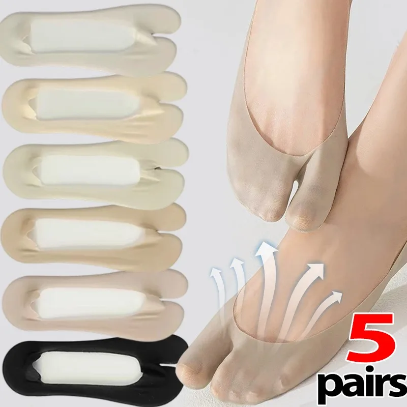 1/5Pairs Thin Two Finger Socks Women Summer Ice Silk Cotton Ultra Thin Split Toe Socks Invisible Casual Cotton Low Cut Toe Socks