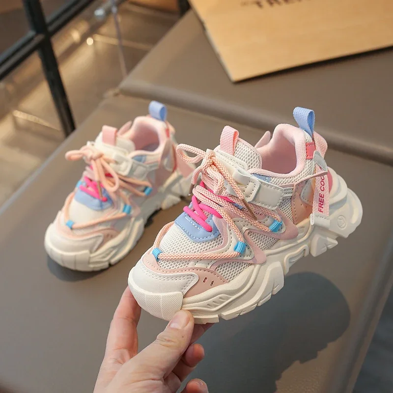 Kids Mesh Chunky Sneakers, Hook and Loop Athletic Running Shoes, Breathable Thick Sole Casual Trainers for Boys Girls