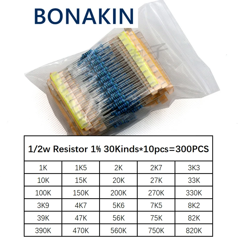 Conjunto de Kit de Variedade de Resistor de Filme Metálico, 1K-820K Ohm, 1 W, 2W, 1% Metal, 30 Tipos x 10Pcs = 300Pcs