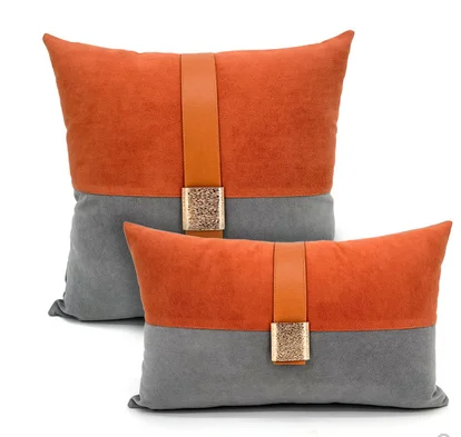 

Simple Nordic high-grade pillow cover villa sofa cushion cover orange splicing gray splicing decorative button waist pillow cove