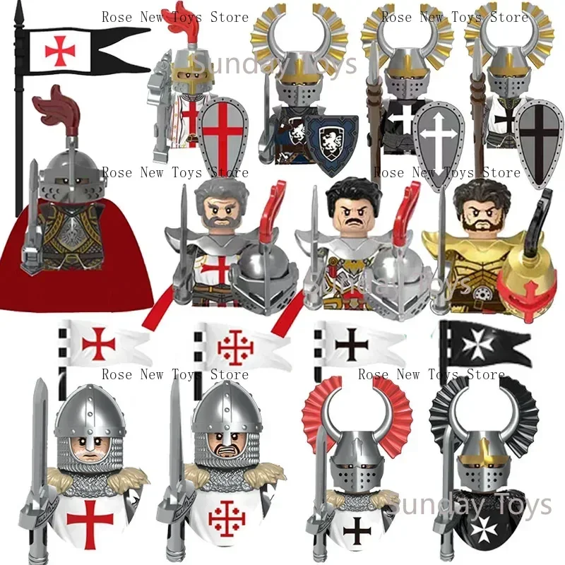 

Middle Ages Heavy Crusader Templar Knight Battle Priest Mini Equipment Military Flag Model Building Blocks Kids Toys