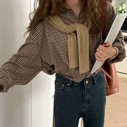 All-match Shirt Women Brown Plaid Vintage Simple Elegant Female Long Sleeve Preppy Style Tops Turn-down Collar Wooden-Buttons