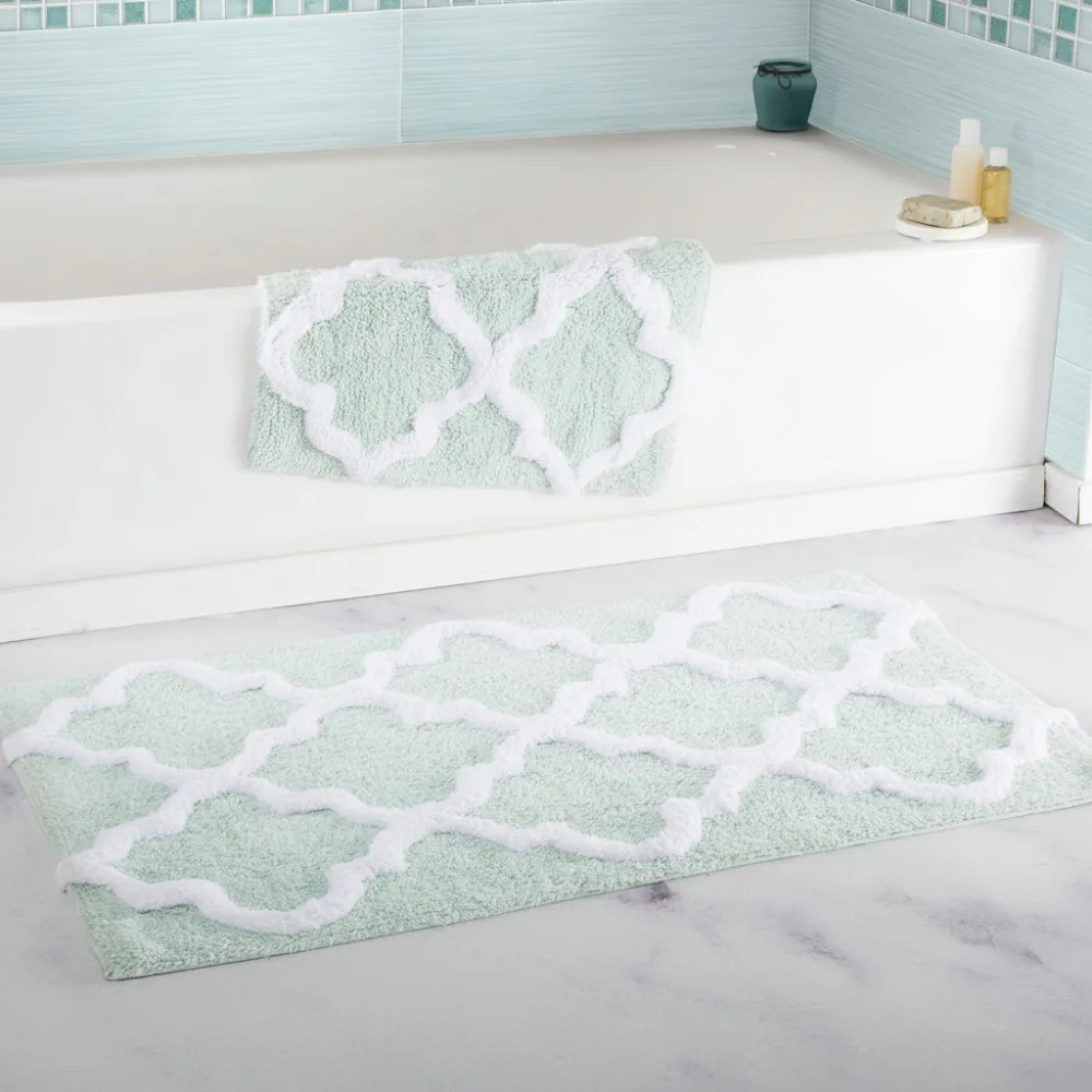 

2-Piece Cotton Bath Mat Set with Non-Slip Backing, Textured Trellis Print for Modern Bathroom Decor - Seafoam Green