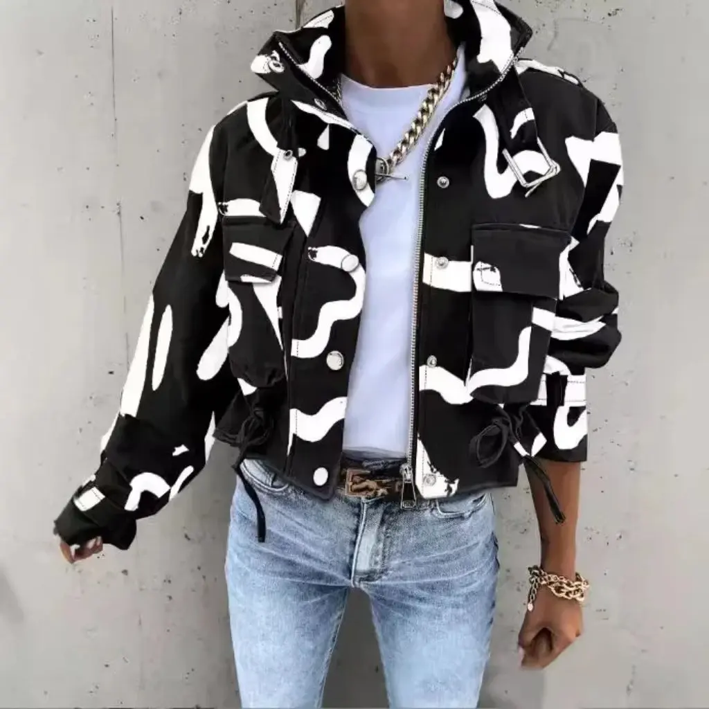 

Women's Printed Zipper Short Casual Jacket Autumn Fashion European And American Style Clothing for Ladies