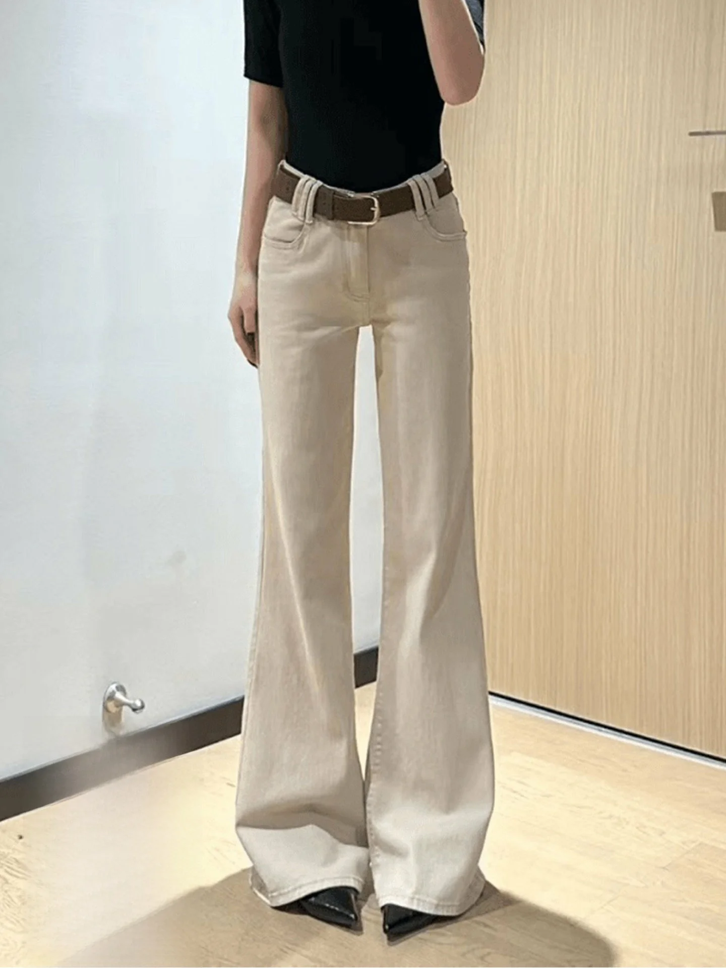 

Khaki Bell Bottom Jeans Women's Lazy Style Thin High Waist Hoof Pants Summer New Arrival Straight Leg High Waist Denim